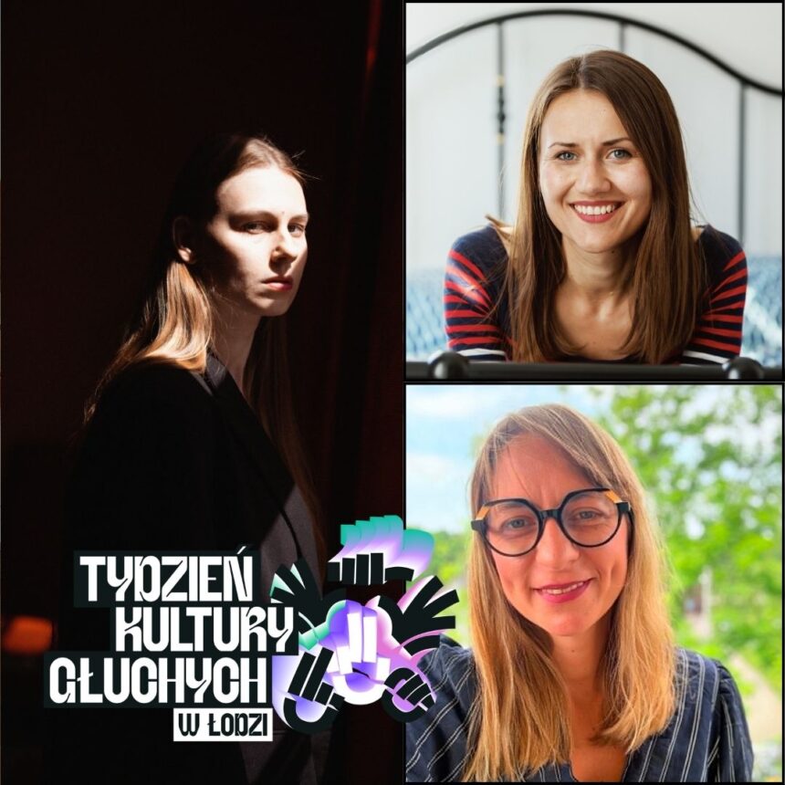 Portety trzech kobiet z etykietą Tydzień Kultury Głuchych