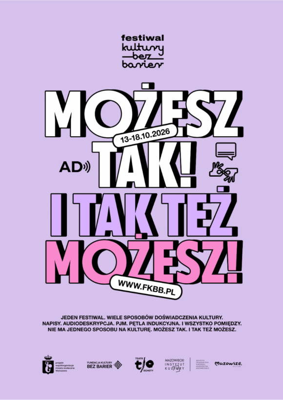 Fioletowy plakat FKBB z ozdobnym napisem: Możesz tak, i tak też możesz